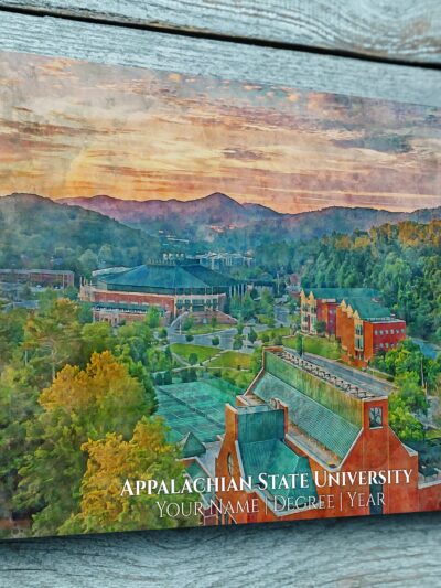 Appalachian State University campus aerial view with mountains