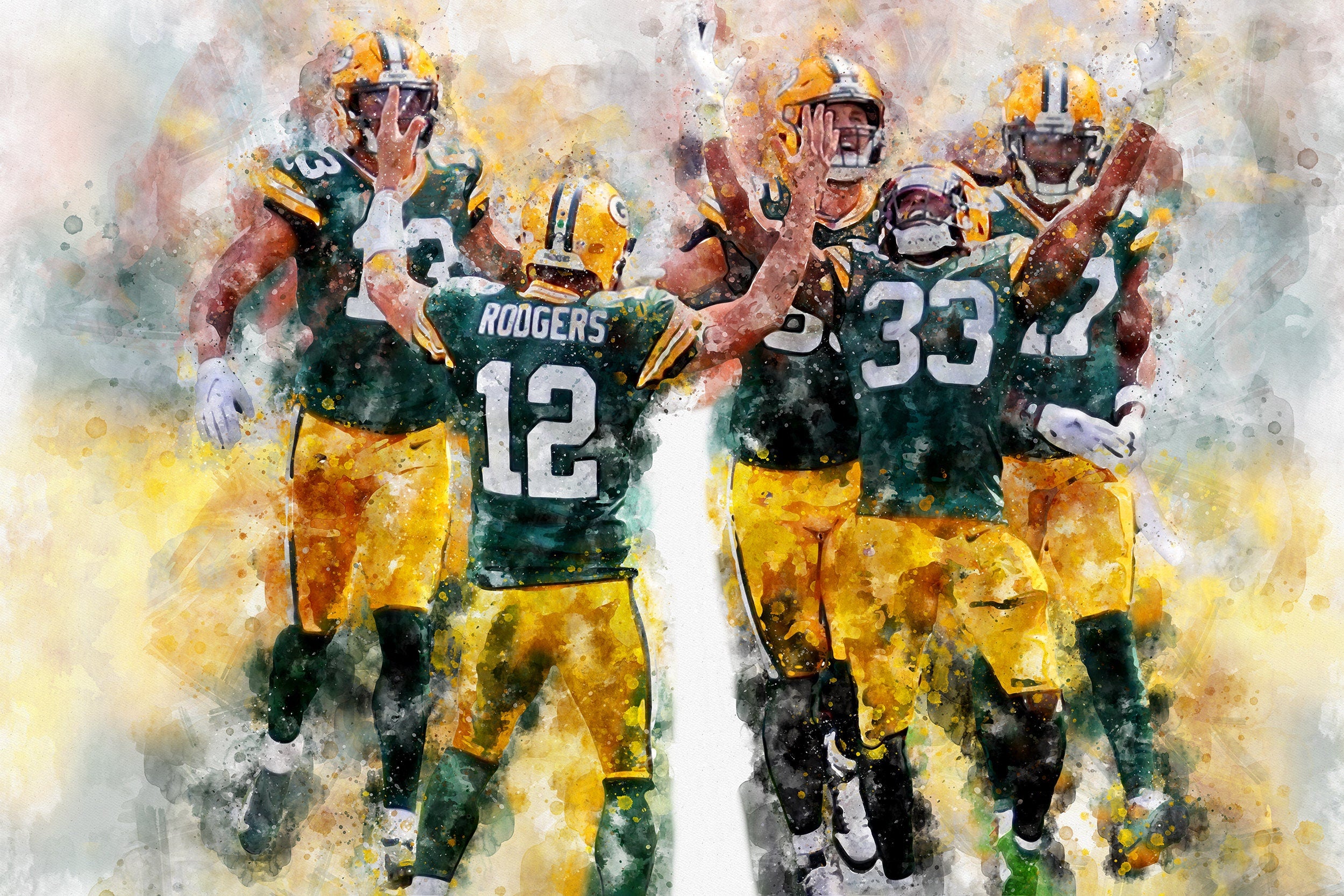 Green Bay Packers players watercolor celebrating a touchdown