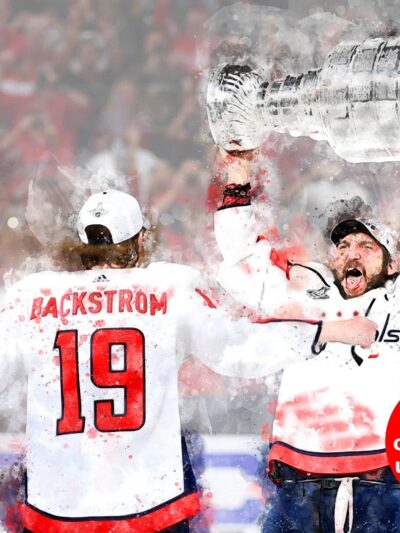 Watercolor print of Alex Ovechkin and Nick Backsrom celebrating Stanley cup win