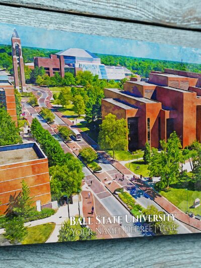 CAMPUS WATERCOLOR OF BALL STATE IN MUNCIE IN. SHOWING SHAFER TOWER AND SURROUNDING BUILDINGS.