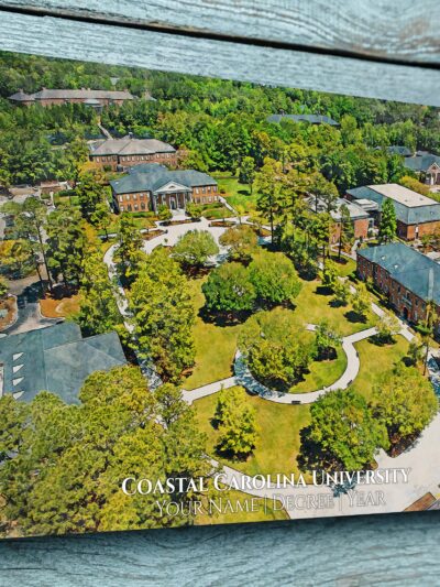 An aerial watercolor of Coastal Carolina University campus, showcasing brick buildings and trees, is elegantly printed and mounted on wood. 