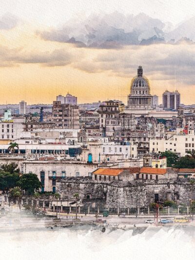 Havana Cuba done in a Watercolor style the border is white