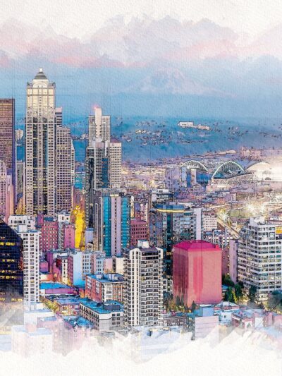 Skyline of Seattle Washington done in a watercolor style, the borders are white