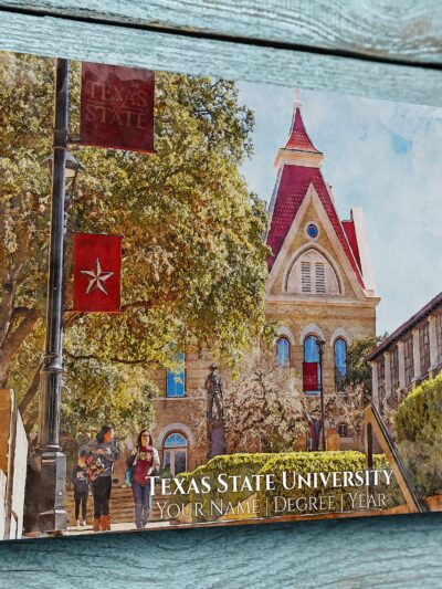 Texas State University campus canvas print hanging on wall