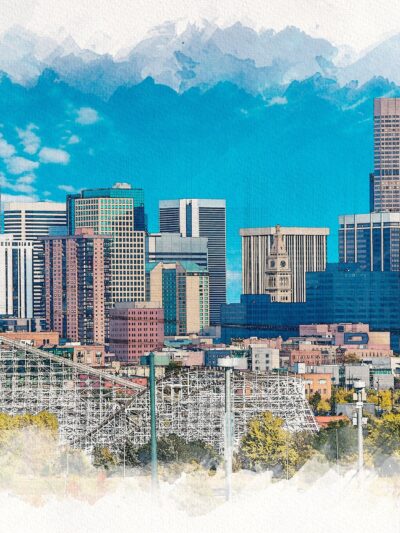 watercolor print of Denver Colorado, the border is white