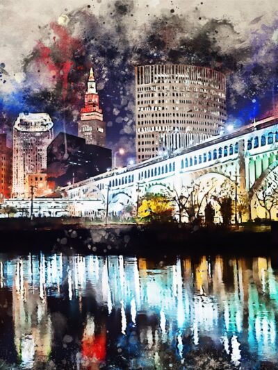 Cleveland watercolor skyline at night, Cleveland Canvas, Cleveland skyline, Cleveland Wall canvas,  Cleveland wall art, Cleveland watercolor