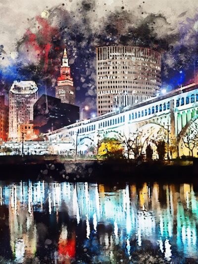 Cleveland watercolor skyline at night, Cleveland Canvas, Cleveland skyline, Cleveland Wall canvas,  Cleveland wall art, Cleveland watercolor
