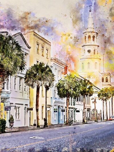 Charleston SC watercolor street scene canvas, Charleston Canvas,  Charleston wall canvas, Charleston watercolor Charleston south decor