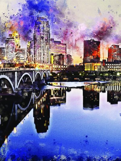Minneapolis at night watercolor on Canvas, Minneapolis Minnesota City skyline, Large Minneapolis watercolor, Minneapolis watercolor Canvas
