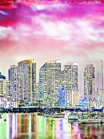 San Diego Californina watercolor skyline canvas, San Diego watercolor San Diego art, San Diego photo, San Diego wall art