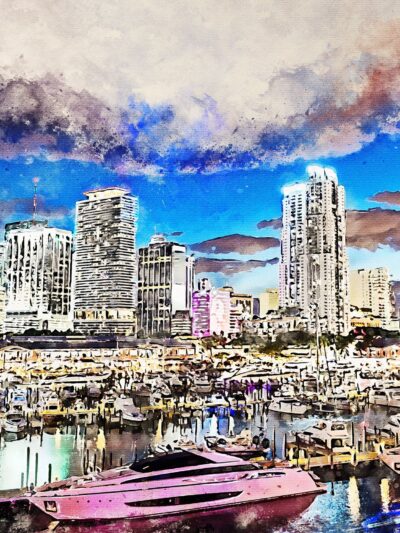 Miami watercolor Skyline, Miami watercolor Canvas, Wall canvas, ,Miami Water Color Canvas Art Print, Miami Beach large canvas