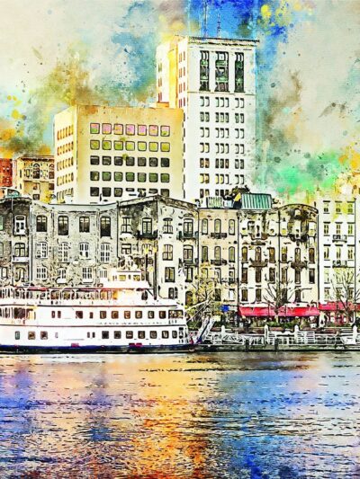Savannah Georgia watercolor skyline canvas, Savannah Canvas,  Savannah wall canvas, River street, Savannah watercolor waterfront