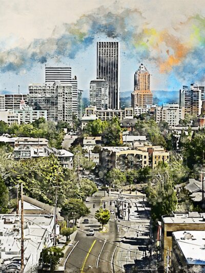 Portland Oregon watercolor skyline canvas, Portland watercolor Canvas Wall Art, Portland Oregon wall art canvas, Portland framed canvas art