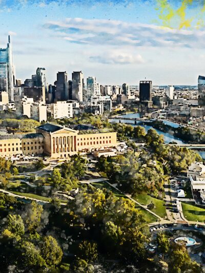 Philadelphia Pensylvania watercolor canvas, Philadelphia watercolor skyline and Schuykill River, Watercolor wall art, Philly watercolor