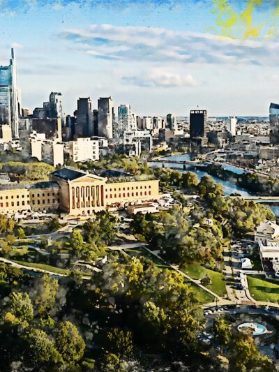 Philadelphia Pensylvania watercolor canvas, Philadelphia watercolor skyline and Schuykill River, Watercolor wall art, Philly watercolor