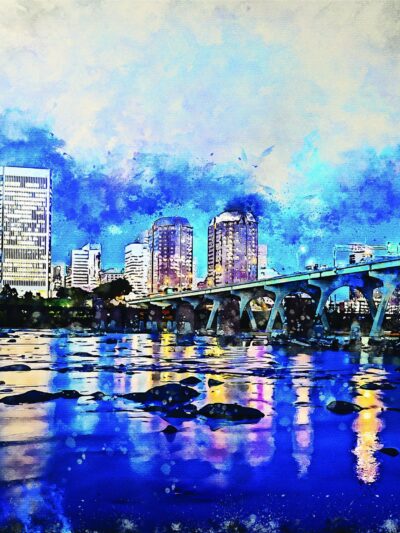 Richmond Virginia watercolor, Richmond watercolor Canvas, Richmond James River skyline, Richmond Wall canvas, Virginia skyline art