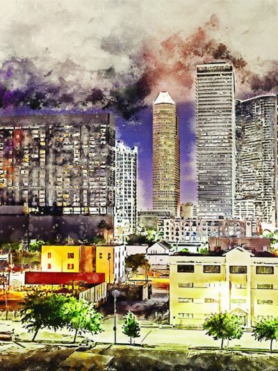 Houston watercolor, TX skyline at dusk, Printed on Canvas, Houston watercolor Texas, City skyline, Large Houston Print, Houston