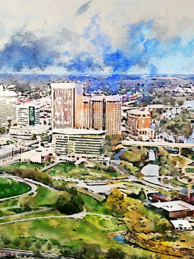 Richmond Virginia watercolor, Richmond watercolor Canvas, Richmond Virginia James River skyline, Richmond Wall canvas, Virginia skyline art