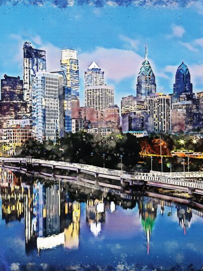 Philadelphia Pensylvania watercolor canvas, Philadelphia watercolor skyline and Schuykill River, Watercolor wall art, Philly watercolor