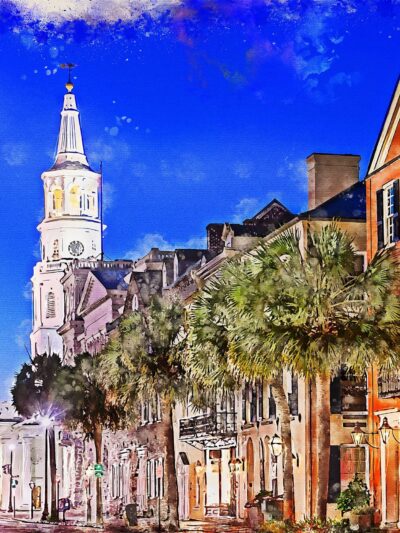 Charleston SC watercolor street scene canvas, Charleston Canvas,  Charleston wall canvas, Charleston watercolor Charleston south decor