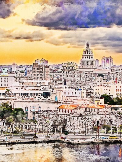 Havana Cuba skyline watercolor, Havana Cuba watercolor, Wall canvas, Havana Cuba Watercolor, Cuba art print, Cuba from the ocean