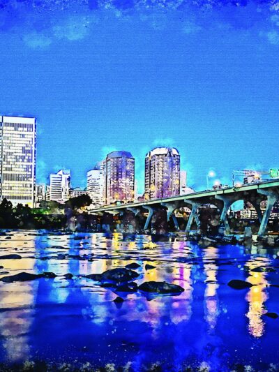 Richmond Virginia watercolor, Richmond watercolor Canvas, Richmond James River skyline, Richmond Wall canvas, Virginia skyline art