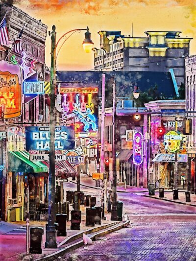 Memphis Tennessee  Beale Street Memphis watercolor Canvas,  Memphis Beale Street watercolor wall canvas, Memphis wall art, Blues wall art