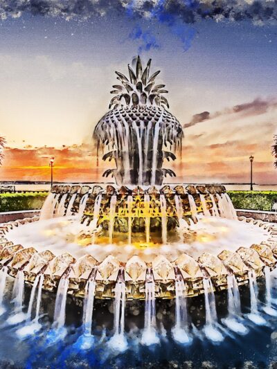 Charleston SC watercolor on canvas, Charleston watercolor canvas , Pineapple art, Charleston photo wall art print, Charleston  watercolor