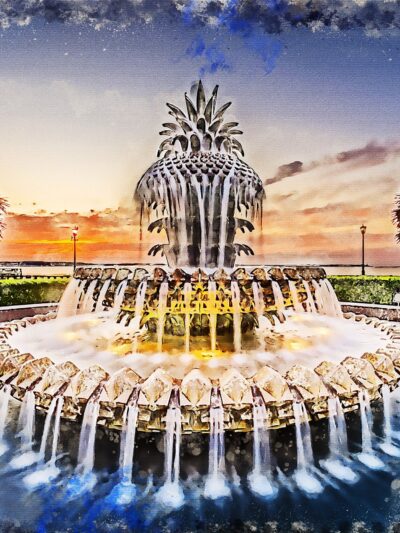 Charleston SC watercolor on canvas, Charleston watercolor canvas , Pineapple art, Charleston photo wall art print, Charleston  watercolor