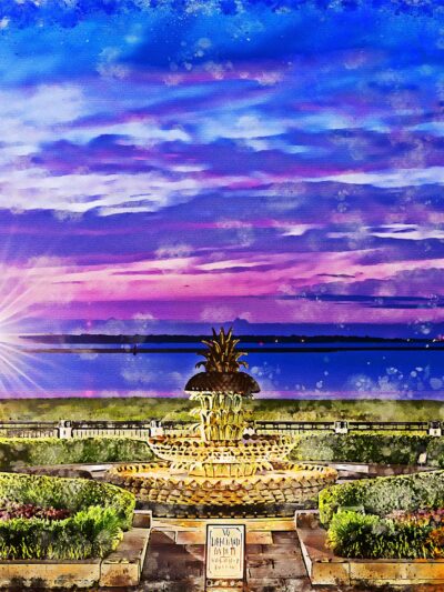 Charleston SC watercolor on canvas, Charleston watercolor canvas , Pineapple art, Charleston photo wall art print, Charleston  watercolor
