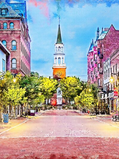 Burlington Vermont watercolor canvas, Vermont watercolor, Burlington Vermont  Wall Art,  Lake Champlain wall art, New England street scene
