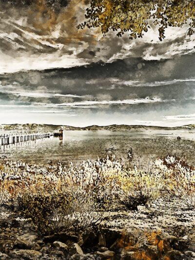 Lake Tahoe at Dusk watercolor, Landscape Wall Art, Large Canvas Art, Lake Tahoe canvas watercolor, Large landscape print