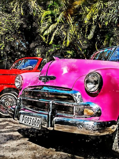 Havana Cuba watercolor vintage autos, Havana Cuba, Wall canvas, , Havana Cuba photo, Cuba art print, Cars in Cuba. Antique cars watercolor