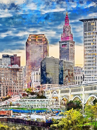Cleveland watercolor skyline at night, Cleveland Canvas, Cleveland skyline, Cleveland Wall canvas,  Cleveland wall art, Cleveland watercolor