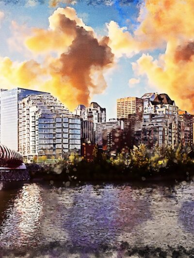 Calgary watercolor skyline canvas, Peace Bridge Canada Canvas, Calgary watercolor canvas, Calgary Canada wall art, Canada skyline wall art,