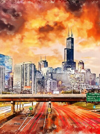 Chicago watercolor skyline, Chicago Canvas, Chicago canvas skyline, Chicago watercolor skyline Wall canvas, Windy city wall art Chicago art,