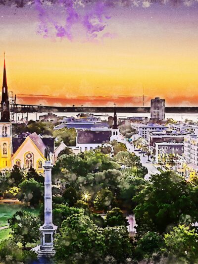 Charleston SC watercolor skyline canvas, Charleston Marion square Canvas,  Charleston wall canvas, Charleston art, Charleston south decor