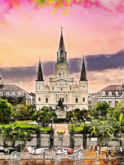 Jackson Square New Orleans watercolor canvas, New Orleans Canvas Print, New Orleans wall art, Canvas Wall Art, Watercolor Skyline,