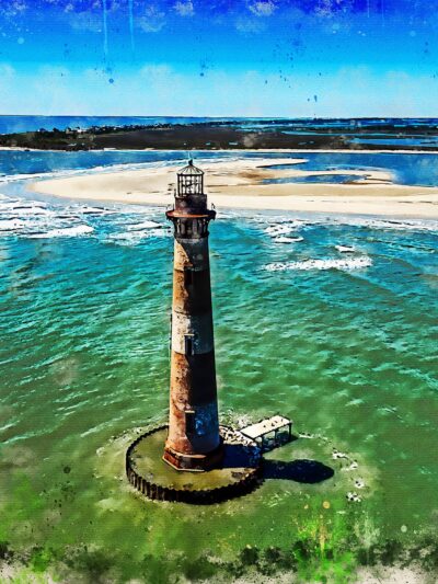 Morris Island SC lighthouse watercolor canvas, Morris Island wall art Canvas, South Carolina watercolor photo wall art print, Folly Beach