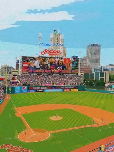 Progressive Field watercolor Canvas, Cleveland Baseball skyline, Large Cleveland Indians watercolor, Cleveland wall art, Canvas gifts, art