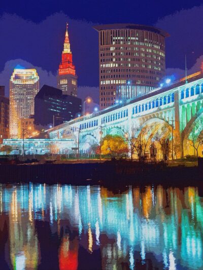 Cleveland watercolor skyline at night, Cleveland Canvas, Cleveland skyline, Cleveland Wall canvas,  Cleveland wall art, Cleveland watercolor