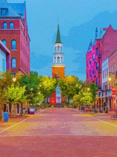 Burlington Vermont watercolor canvas, Vermont watercolor, Burlington Vermont  Wall Art,  Lake Champlain wall art, New England street scene