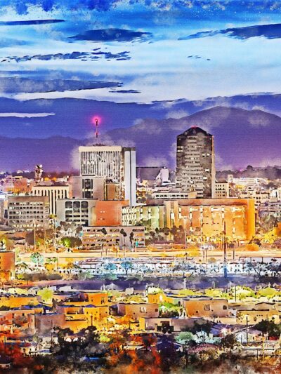 Tucson skyline watercolor canvas, Tucson Watercolor Canvas,  Canvas Tucson Art, Tucson watercolor wall art canvas, Tucson wall art