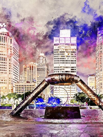 Detroit watercolor Printed on Canvas, Detroit Michigan City watercolor, Large Detroit Print, Detroit wall art, Canvas gifts, art