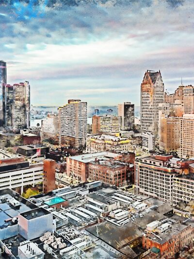 Detroit skyline canvas, Detroit Michigan watercolor City skyline, Large Detroit Print, Detroit wall art, Detroit watercolor, Detroit art
