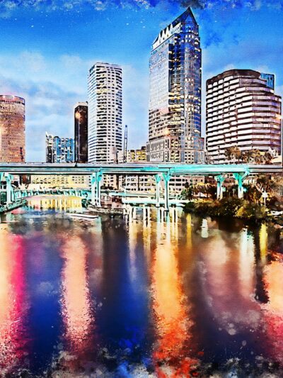 Tampa Florida watercolor, Tampa skyline watercolor, Tampa canvas watercolorTampa art, Tampa Bay skyline canvas Tampa Florida