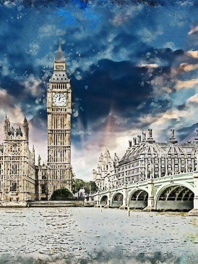 Parliament in London watercolor on canvas, London watercolor.  London City skyline, Large London Print, London watercolor, art