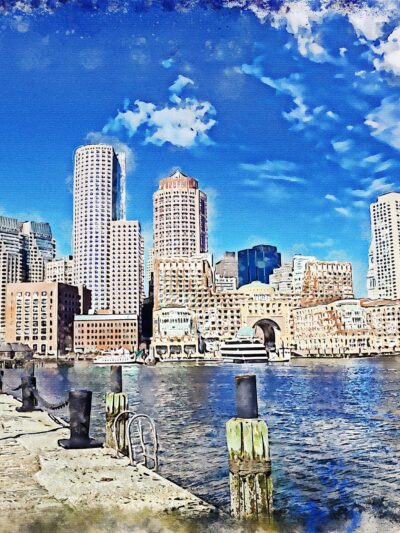 Boston Skyline Harbor watercolor Canvas, Boston watercolor canvas  Boston  harbor watercplor Art Print, Boston print, Boston photo, wall art