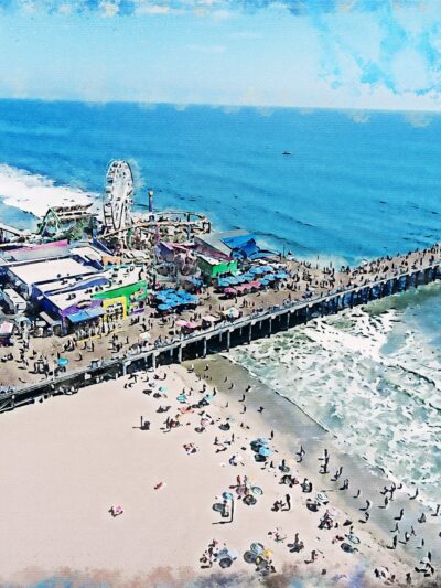 Santa Monica watercolor Californina , Santa Monica watercolor wall canvas,  California watercolor photo, Ferris Wheel wall art