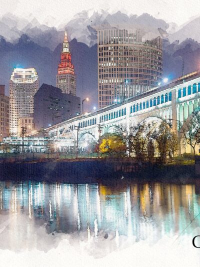 Cleveland watercolor skyline, Cleveland Sketch watercolor Canvas, Cleveland skyline, Cleveland Ohio,  Cleveland wall art, Cleveland watercol